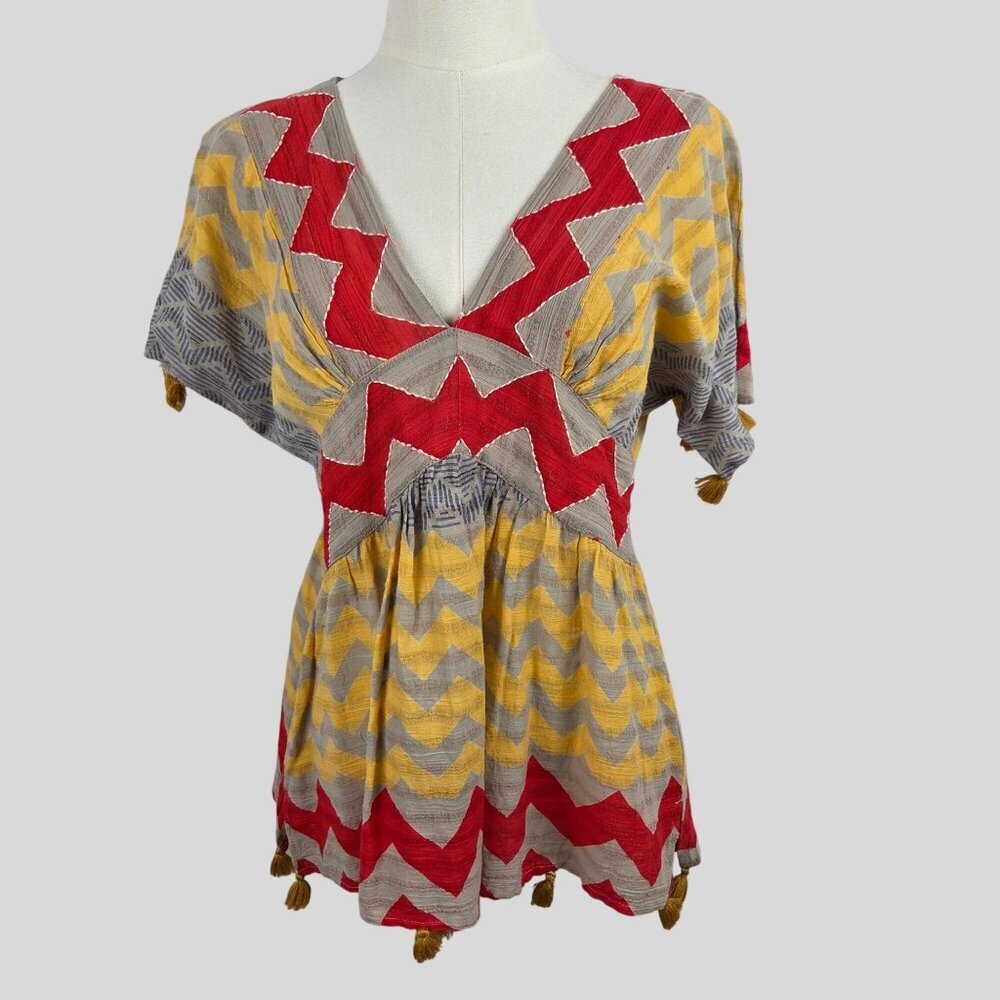 Oliphant Top XS Multicolor Tan Chevron Cotton Boho Blouse Tassels SS Folk Artsy